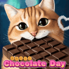 a cat is eating a chocolate bar with the words chocolate day written below it