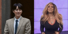 a man in a suit and tie and a woman in a wig are standing next to each other