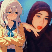 a girl with a hijab is standing next to a girl with white hair