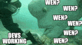 a scuba diver is touching a fish with the words devs working written around it