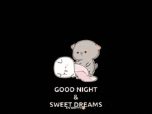 two cats are sleeping in a bed with hearts flying around them and a star .