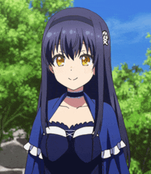 a girl in a blue dress with a x on her head