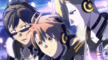 a group of anime characters with one wearing headphones with the letter n on it