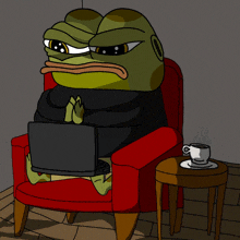 a cartoon frog is sitting in a red chair with a laptop