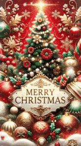 a merry christmas card with a christmas tree surrounded by decorations