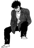 a black and white drawing of a man squatting down with his hands in his pockets