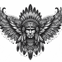 a black and white drawing of a man wearing a native american headdress and wings .