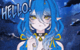a blue haired anime girl says hello with a blue background