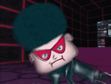 a cartoon character wearing a mask and a blue afro has an angry look on his face