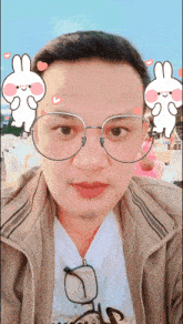 a man wearing glasses and a jacket with a bunny on his face