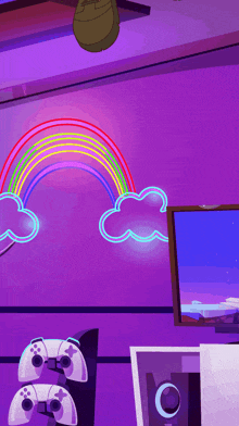 a purple room with a neon rainbow and clouds