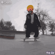 a cartoon of a person riding a skateboard with the word gem in the background