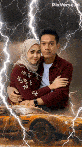 a man and woman are posing for a picture with lightning behind them and the words pixverse.ai on the bottom right