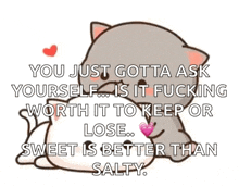a cartoon cat is hugging another cat with a quote on it .