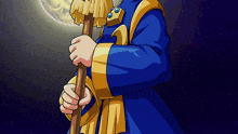 a cartoon character in a blue and gold robe holds a broom