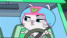 a cartoon cat wearing a pink hat with a green letter v on it