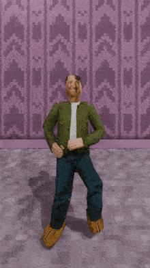 a man in a green jacket and jeans is dancing in front of a purple wall