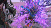 a purple explosion is coming out of a monster 's mouth