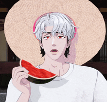 a man wearing a straw hat is eating a watermelon