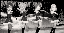 a black and white photo of a group of anime characters dancing on a stage .