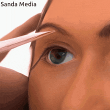 a close up of a woman 's eye with sanda media written above her