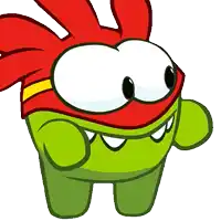 a green cartoon character with a red scarf around its head