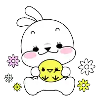 a white rabbit is holding a yellow chicken in its paws .