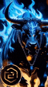 a bull with a chain around its neck is standing in front of a blue fire .