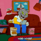 a cartoon cat is sitting on a couch reading a book with the words woo-whoo below him