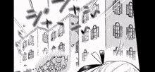 a black and white drawing of a girl in front of a building with a lot of windows .