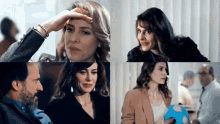 a woman with her hand on her forehead is surrounded by other women