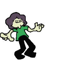 a cartoon character with purple hair and a green shirt is holding out his arms
