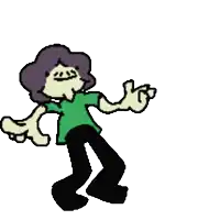 a cartoon character with purple hair and a green shirt is holding out his arms
