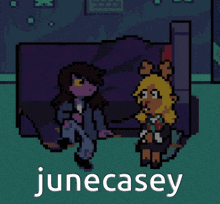 a pixel art drawing of a couple sitting on a couch with the name junecasey on the bottom