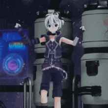 a cartoon character is dancing in front of a vacuum cleaner and a speaker