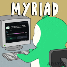 a cartoon of a penguin sitting in front of a computer with the words myriad above it