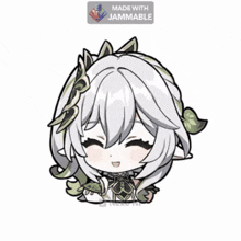 a drawing of a girl with white hair and green leaves made with jammable