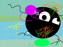 a drawing of a black circle with a purple balloon on top of it