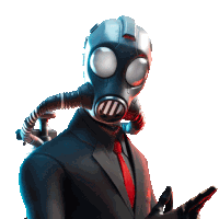 a man in a suit has a gas mask on his face