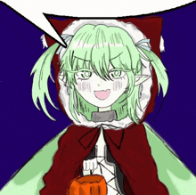 a drawing of a girl with green hair wearing a cat hood and holding a pumpkin