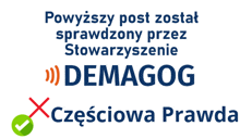 a blue and white sign that says powyszy post został sprawdzony przez stowarzyszenie demagog