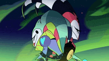 a cartoon character is doing a handstand in front of the aurora borealis
