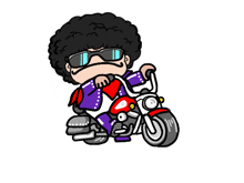 a man with an afro is riding a motorcycle