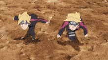 a couple of anime characters are standing next to each other on a dirt field .
