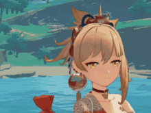 a girl with a ponytail and a crown on her head is standing next to a body of water