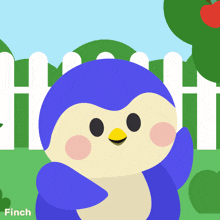 a blue penguin is standing in front of a white fence with the word finch below it