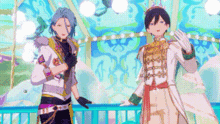two anime characters are standing next to each other on a stage . one of the characters is wearing a crown .