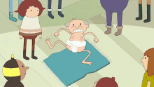 a cartoon character in a diaper laying on a blue blanket
