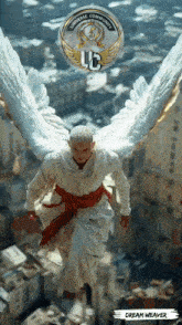 a man with white wings is flying over a city with a logo for the universe community uc