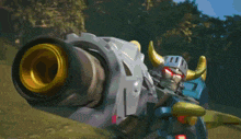 a robot with horns is holding a cannon with a purple light coming out of it 's mouth